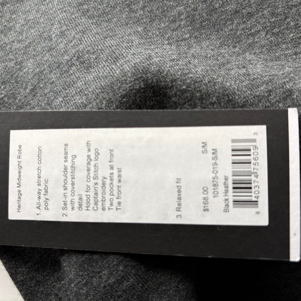 Rhone Men's Black Heather Cotton Blend Heritage Midweight Hooded Robe S/M NWT - Picture 8 of 12